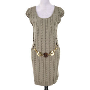 Milly Sweater Dress Womens Medium Green Beige Cable Knit Pullover Chain Belt